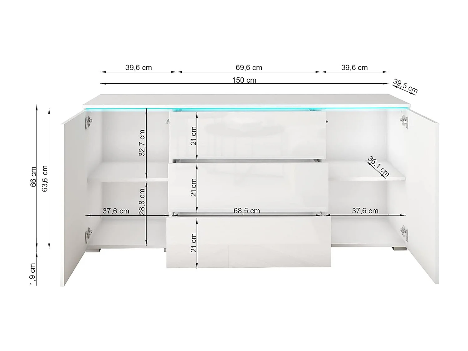 Aparador VERA 150 cm, cómoda de salón, cajonera, muebles de salón, iluminación LED incluida, color wotan/blanco brillo