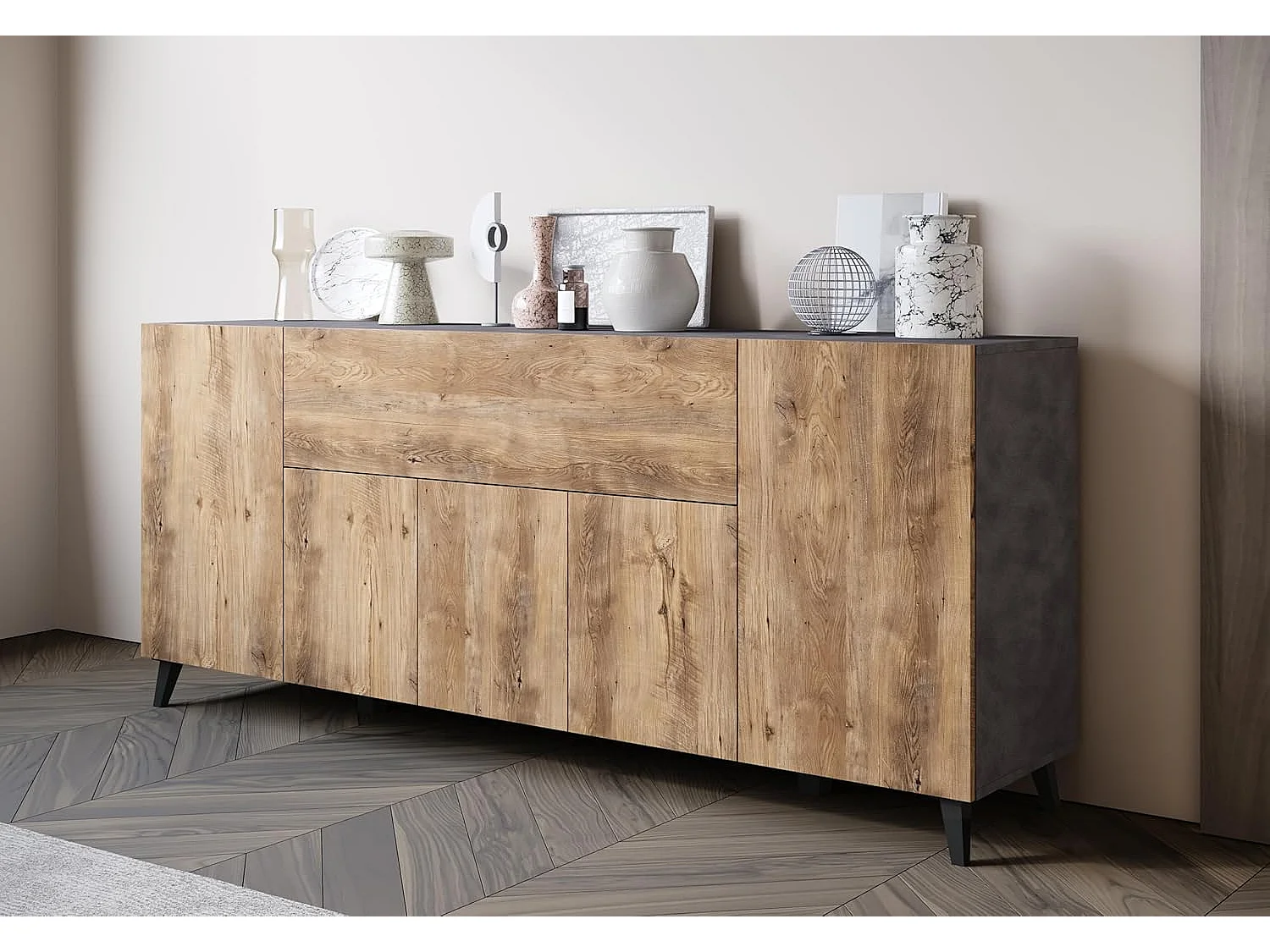 Bahut PHUKET 180 cm, armoire intérieure, commode grande capacité, buffet sur pieds, couleur matera/châtaignier