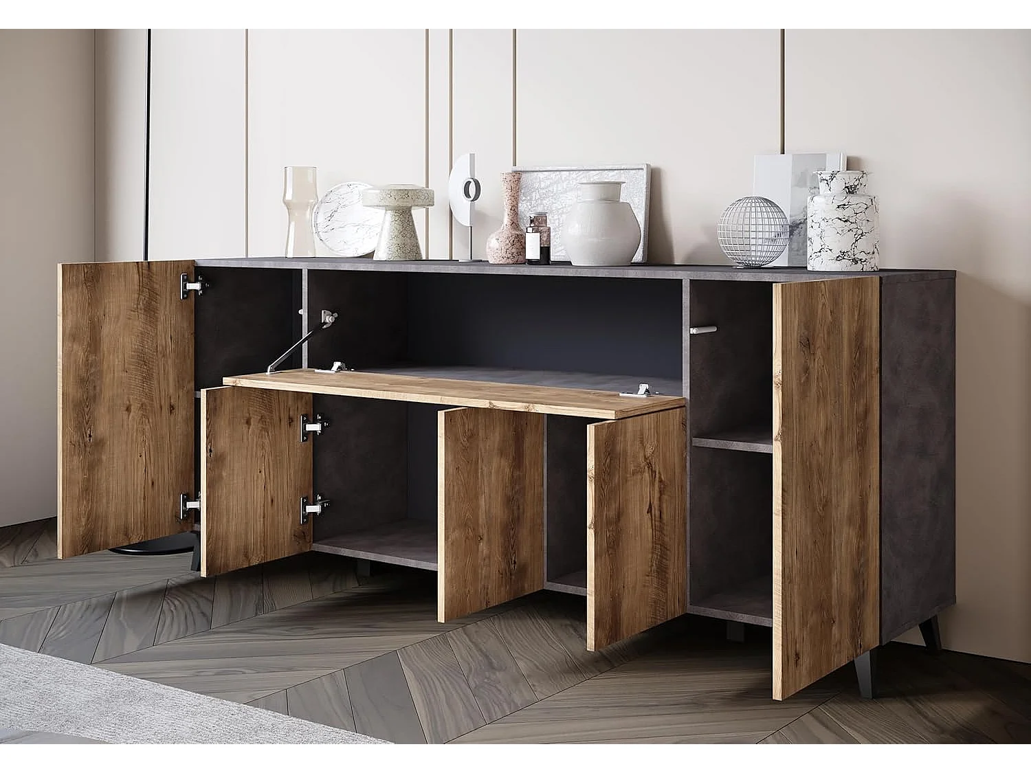 Bahut PHUKET 180 cm, armoire intérieure, commode grande capacité, buffet sur pieds, couleur matera/châtaignier