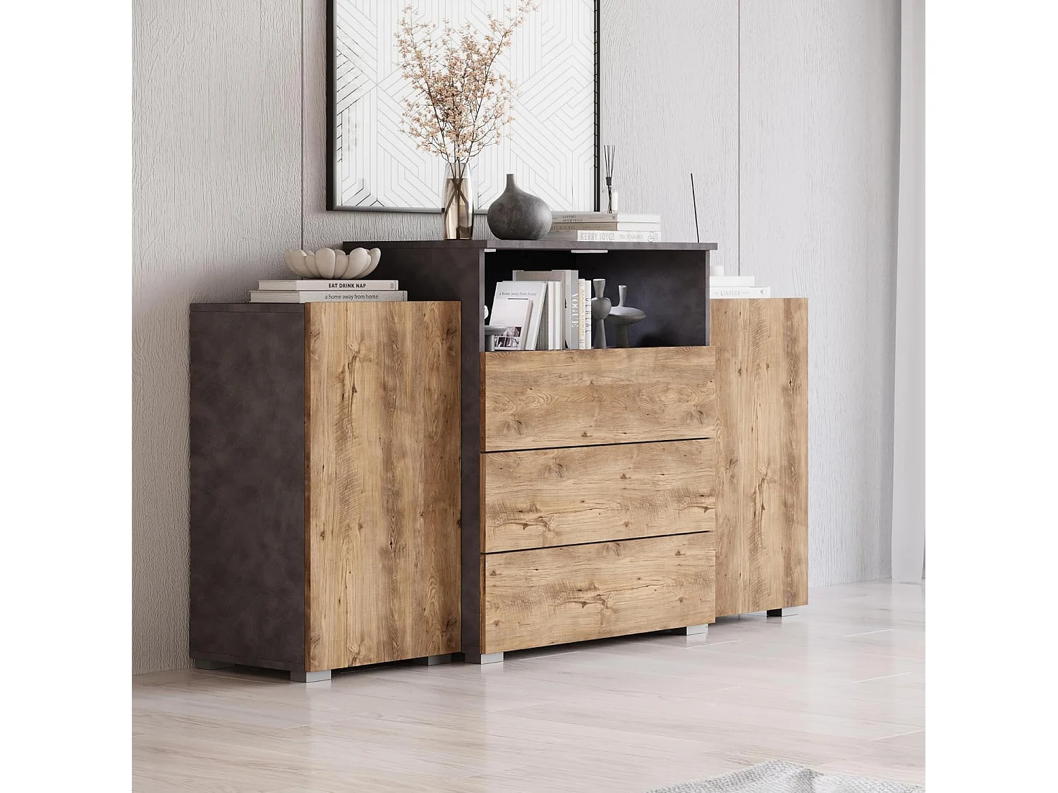 Bahut URBAN 150 cm, commode de séjour, chiffonnier, éclairage LED inclus, couleur matera/châtaignier