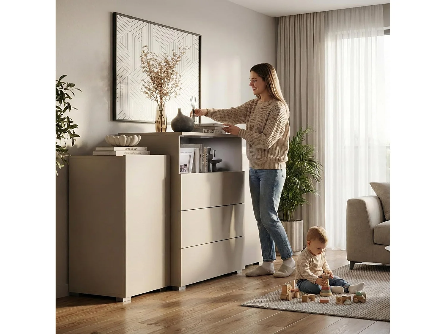 Bahut URBAN 150 cm, commode de séjour, chiffonnier, éclairage LED inclus, couleur matera/châtaignier