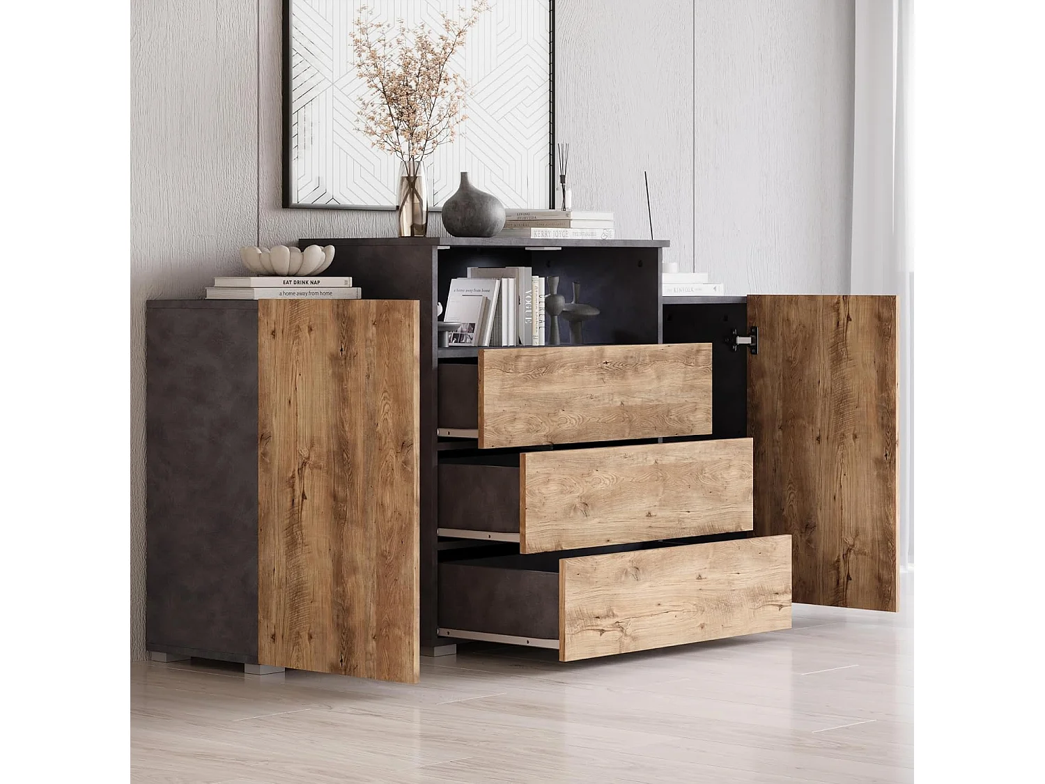 Bahut URBAN 150 cm, commode de séjour, chiffonnier, éclairage LED inclus, couleur matera/châtaignier