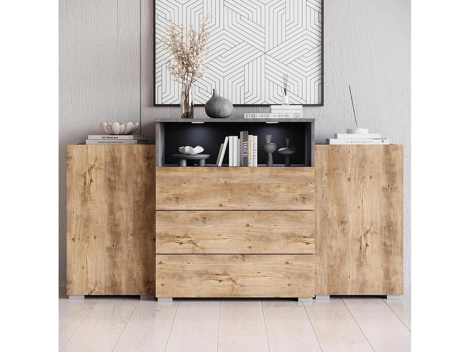 Bahut URBAN 150 cm, commode de séjour, chiffonnier, éclairage LED inclus, couleur matera/châtaignier