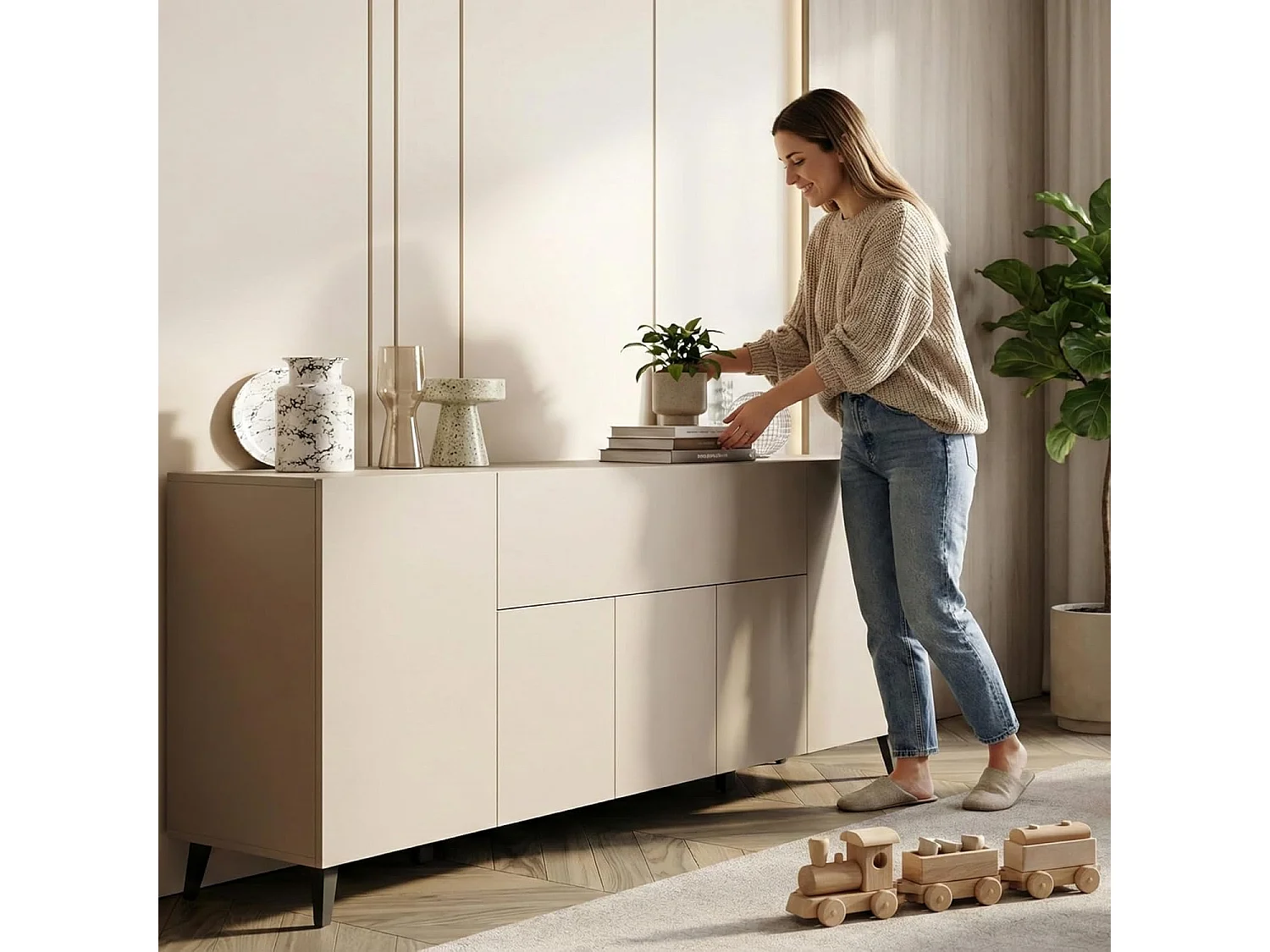 Aparador PHUKET 180 cm, armario interior, cómoda de gran capacidad, aparador con patas, color beige cachemir