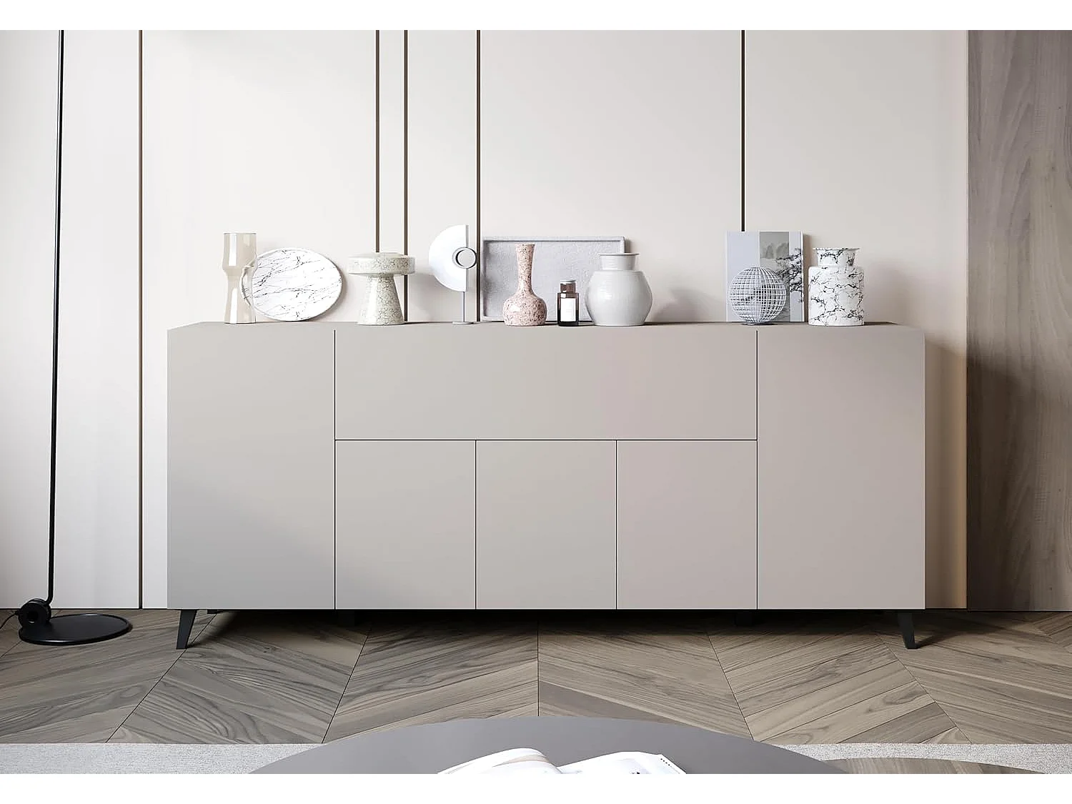 Aparador PHUKET 180 cm, armario interior, cómoda de gran capacidad, aparador con patas, color beige cachemir