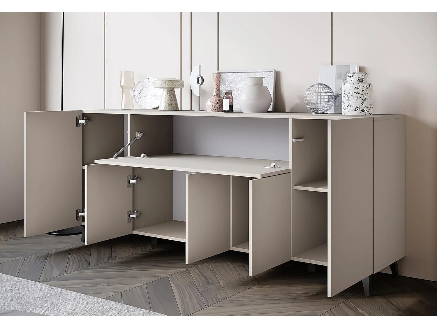 Aparador PHUKET 180 cm, armario interior, cómoda de gran capacidad, aparador con patas, color beige cachemir