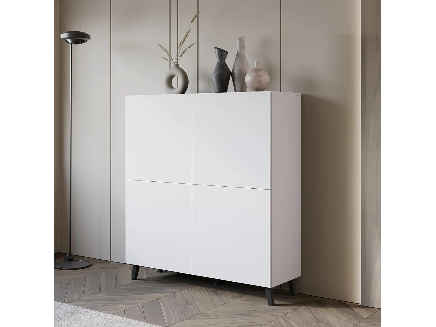 Bahut PHUKET 120x120 cm avec 4 portes, commode sur pieds, meuble de séjour, couleur blanc mat