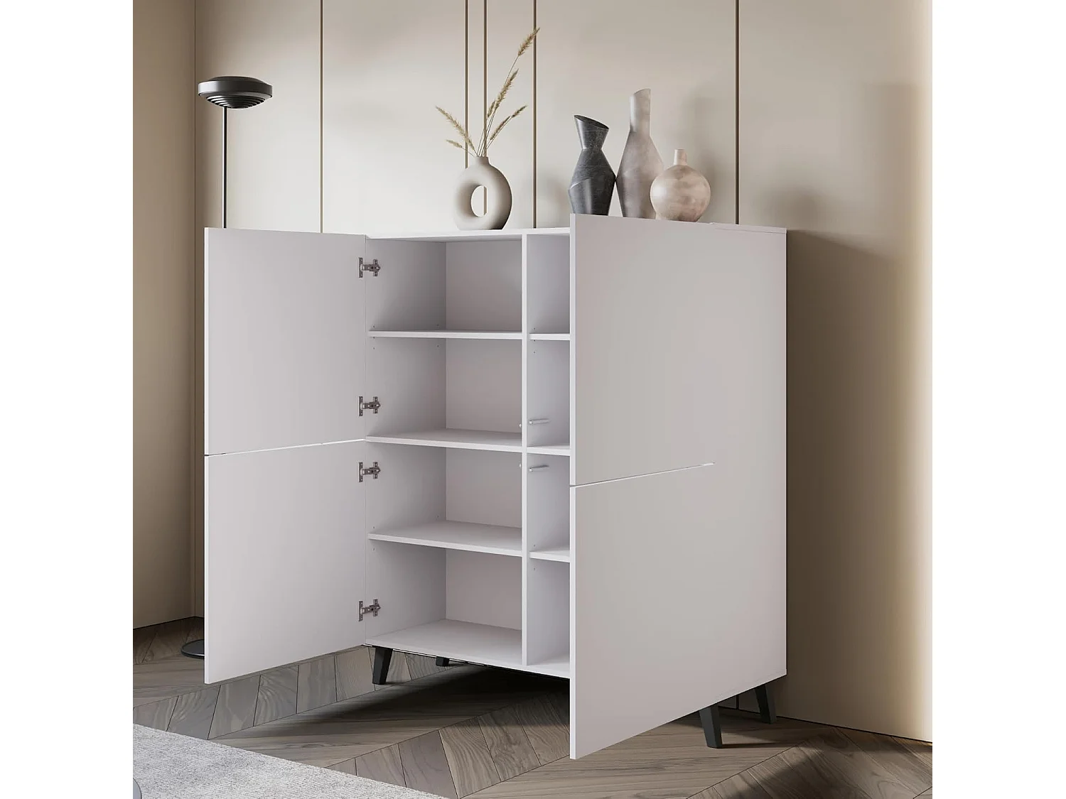 Bahut PHUKET 120x120 cm avec 4 portes, commode sur pieds, meuble de séjour, couleur blanc mat