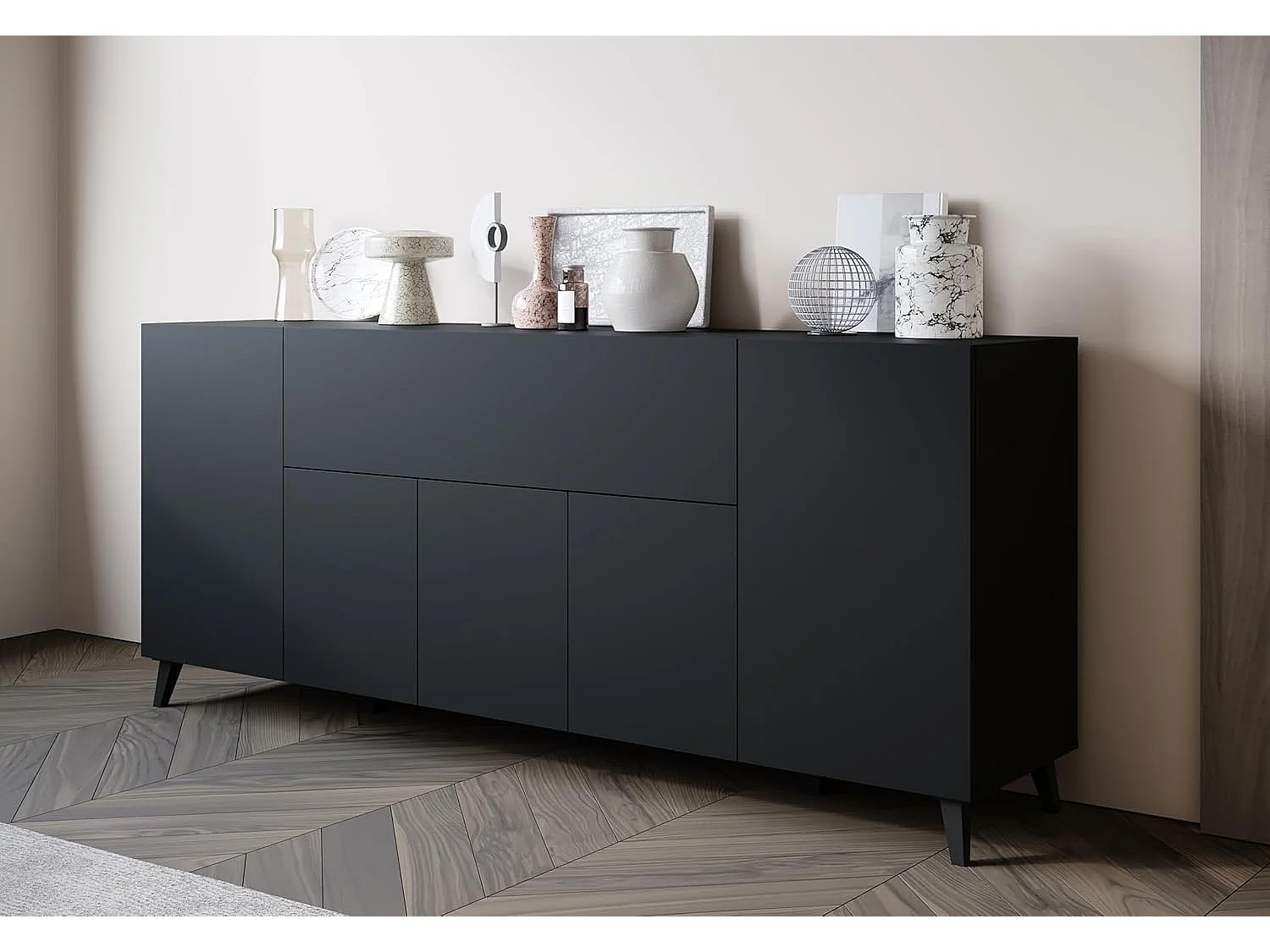 Bahut PHUKET 180 cm, armoire intérieure, commode grande capacité, buffet sur pieds, couleur noir mat