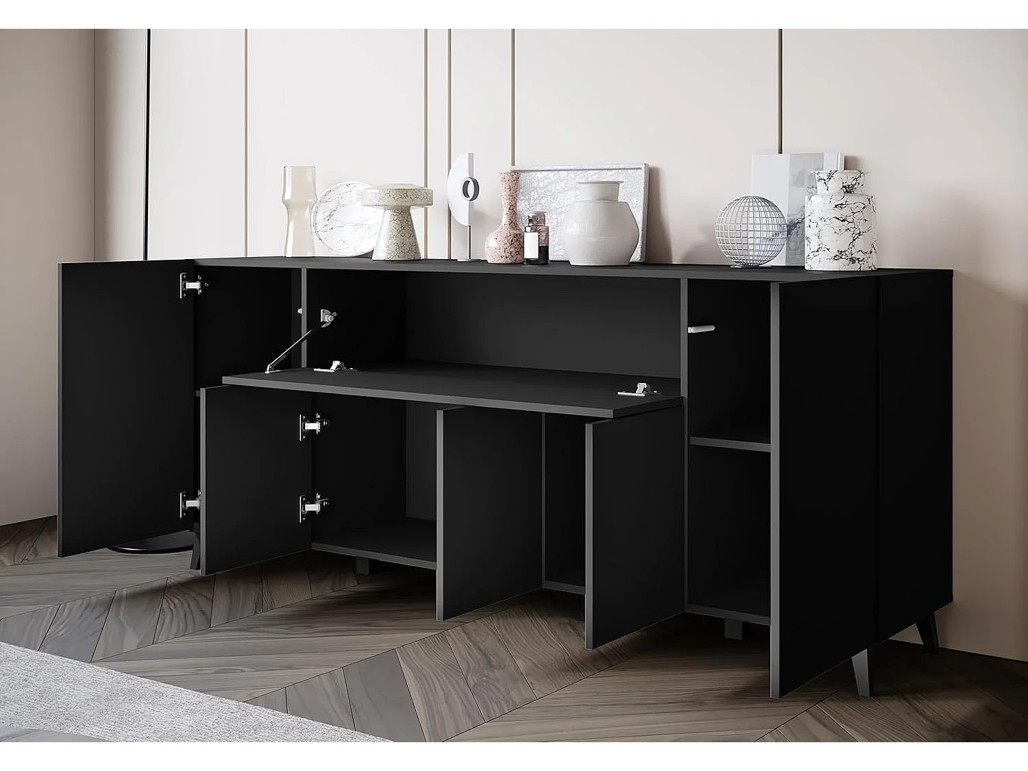Bahut PHUKET 180 cm, armoire intérieure, commode grande capacité, buffet sur pieds, couleur noir mat