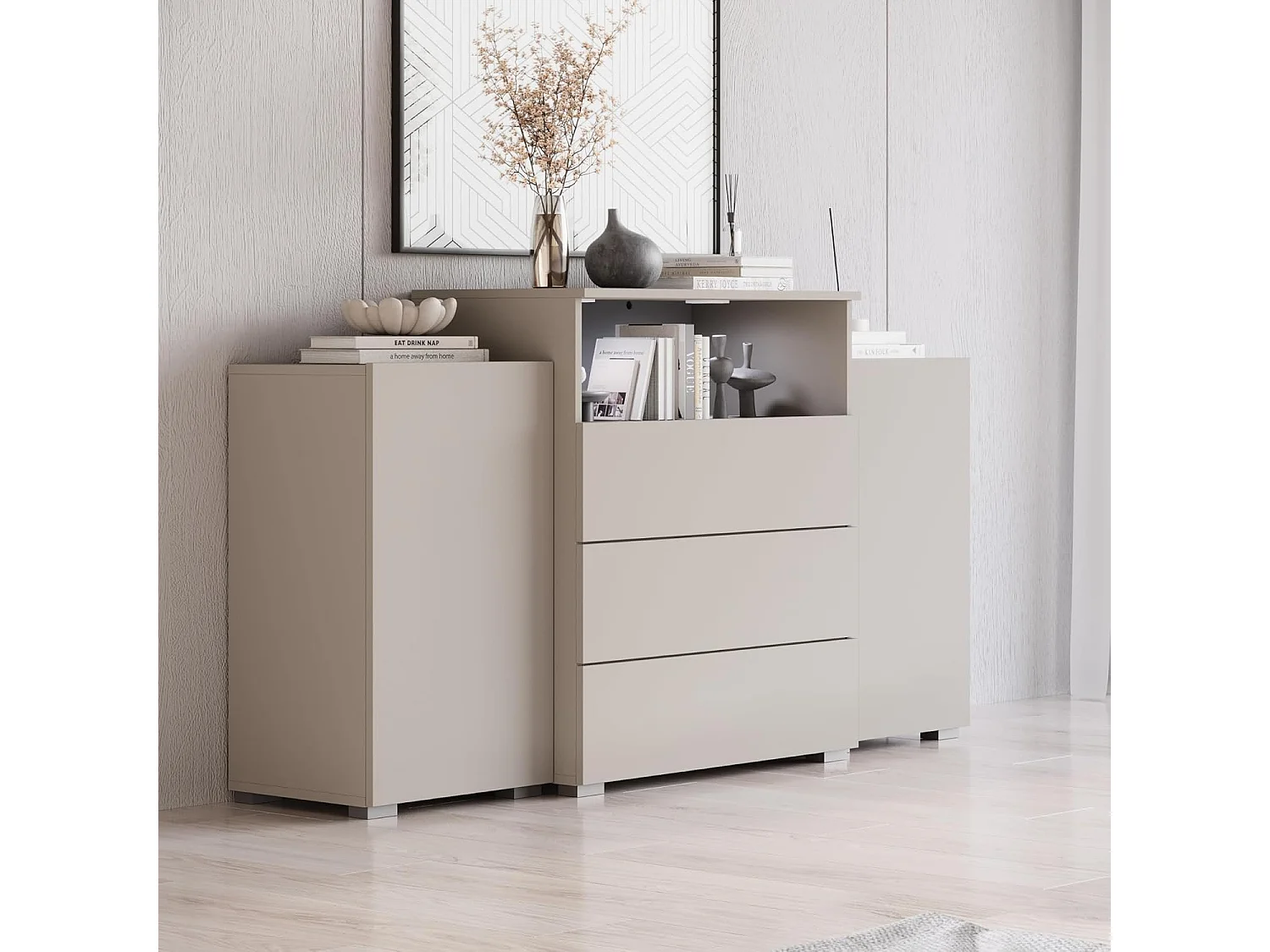 Dressoir URBAN 150 cm, woonkamercommode, ladenkast, inclusief led-verlichting, kleur beige cashmere