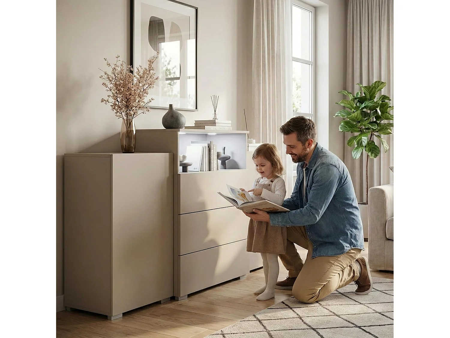 Dressoir URBAN 150 cm, woonkamercommode, ladenkast, inclusief led-verlichting, kleur beige cashmere