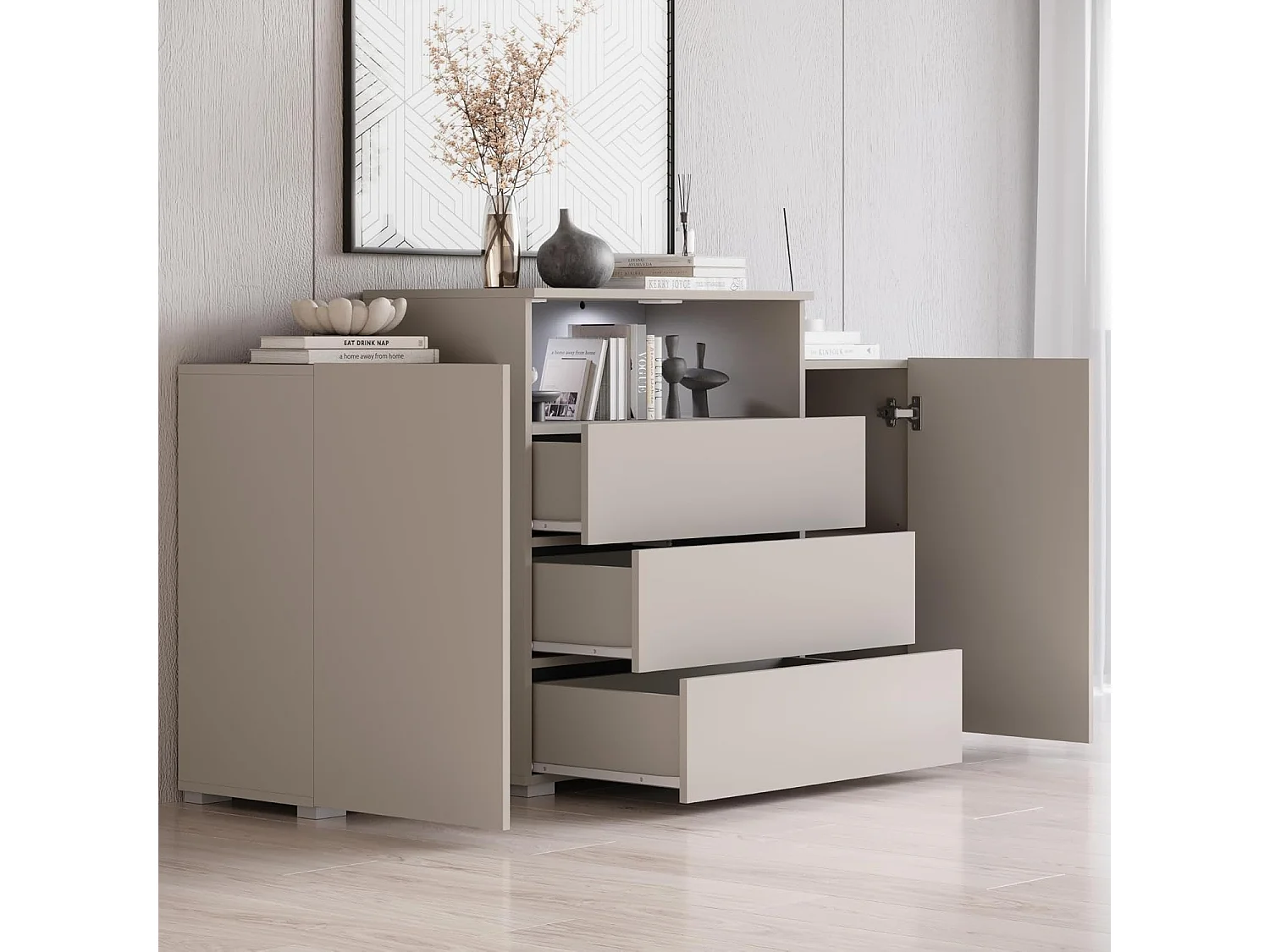 Dressoir URBAN 150 cm, woonkamercommode, ladenkast, inclusief led-verlichting, kleur beige cashmere