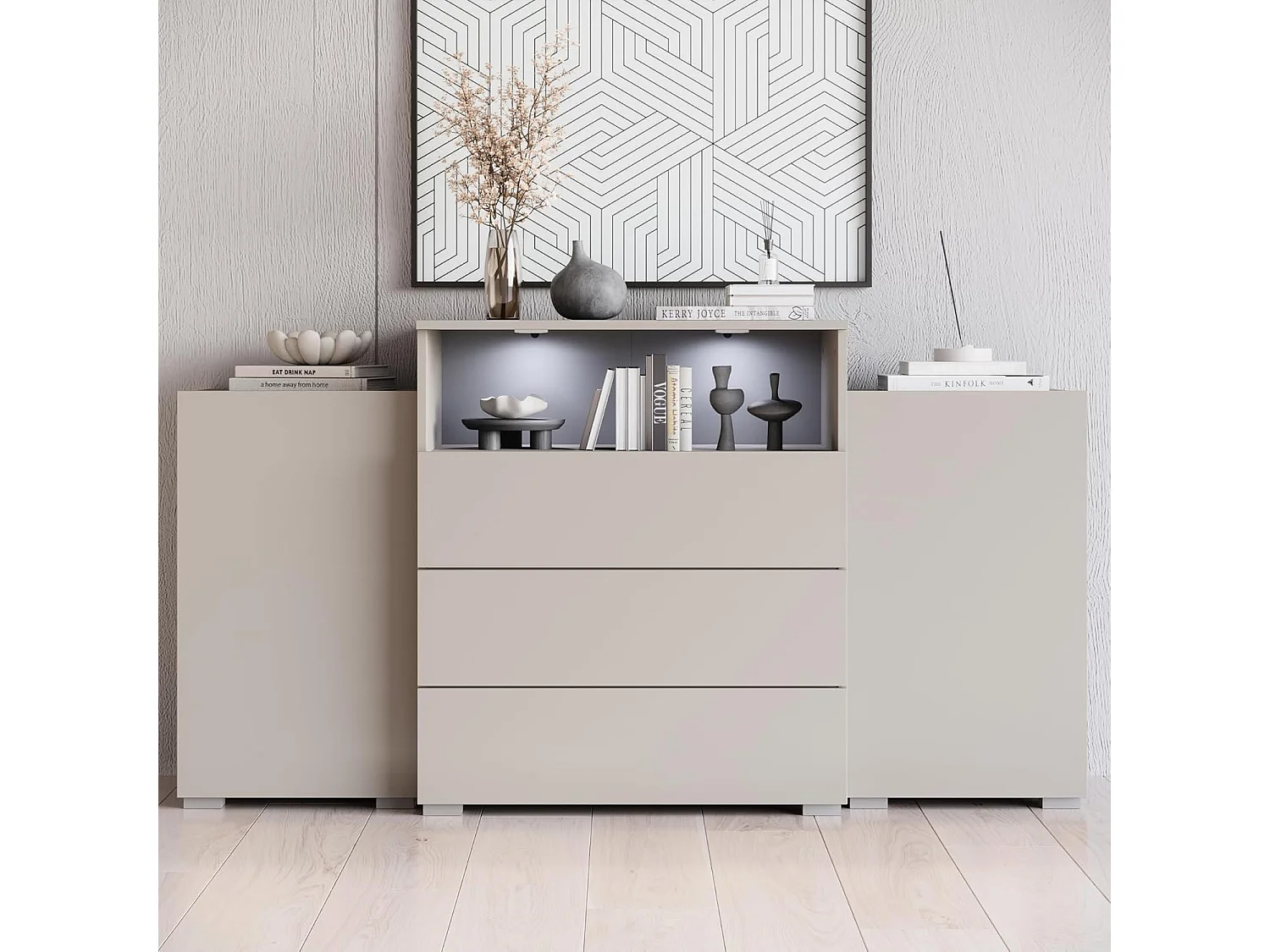 Dressoir URBAN 150 cm, woonkamercommode, ladenkast, inclusief led-verlichting, kleur beige cashmere
