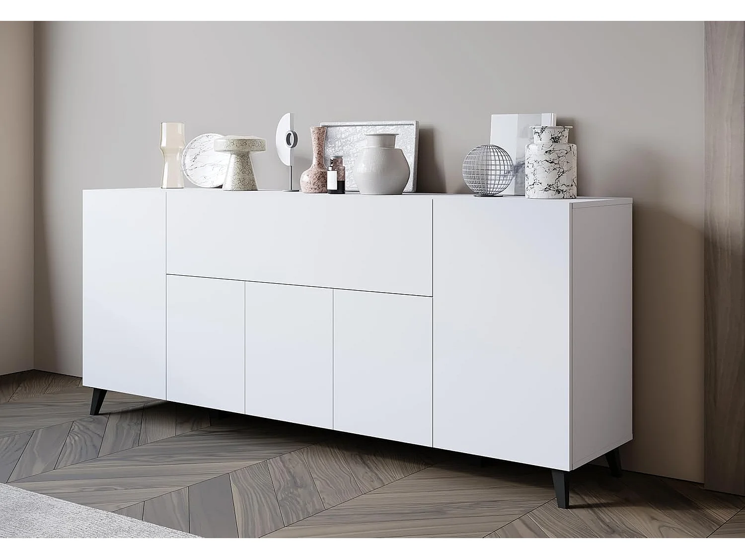 Bahut PHUKET 180 cm, armoire intérieure, commode grande capacité, buffet sur pieds, couleur blanc mat