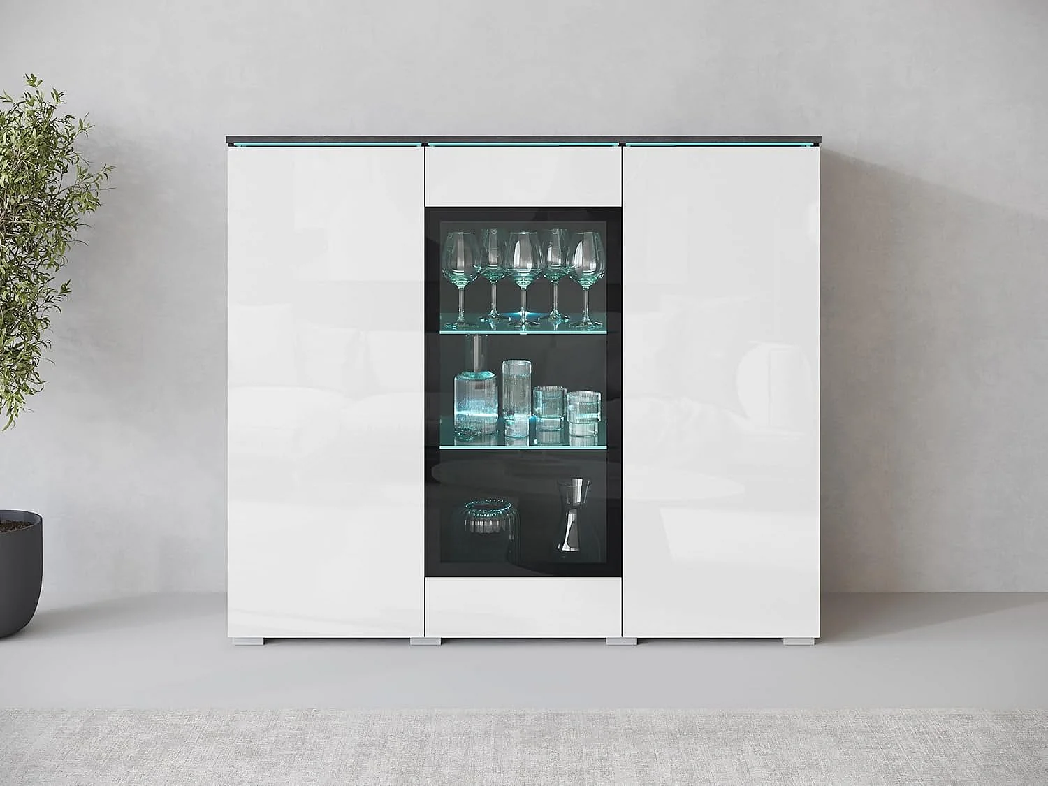 Aparador VERA 120 cm, cómoda de salón, cajonera, muebles de salón, iluminación LED incluida, color matera/blanco brillo