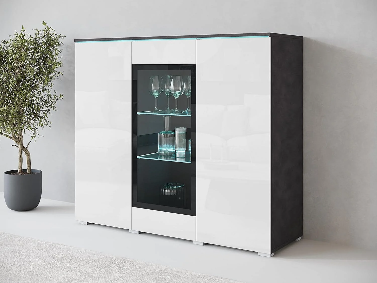 Aparador VERA 120 cm, cómoda de salón, cajonera, muebles de salón, iluminación LED incluida, color matera/blanco brillo