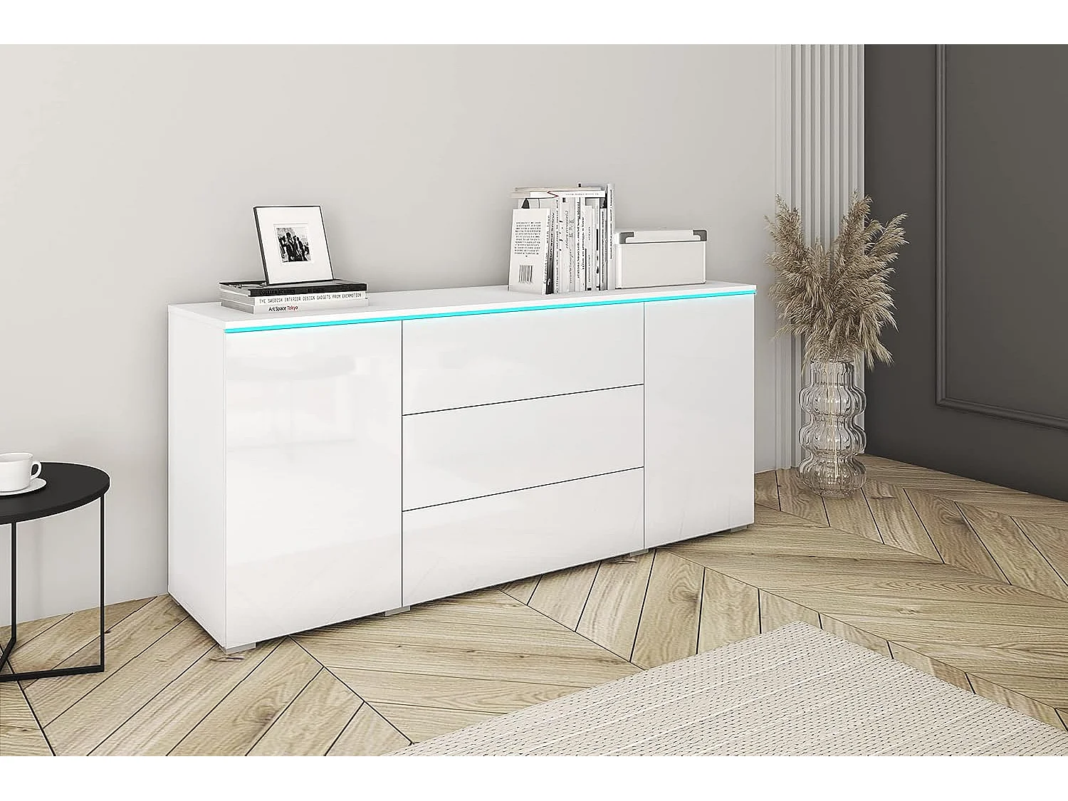 Dressoir VERA 150 cm, woonkamercommode, ladenkast, woonkamermeubels, inclusief led-verlichting, kleur wit/wit hoogglans
