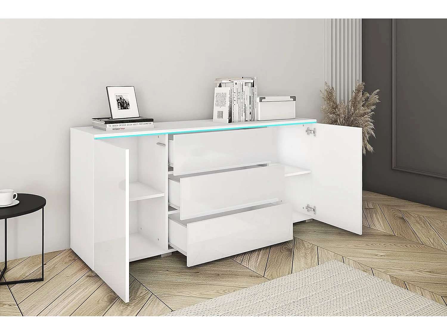 Dressoir VERA 150 cm, woonkamercommode, ladenkast, woonkamermeubels, inclusief led-verlichting, kleur wit/wit hoogglans