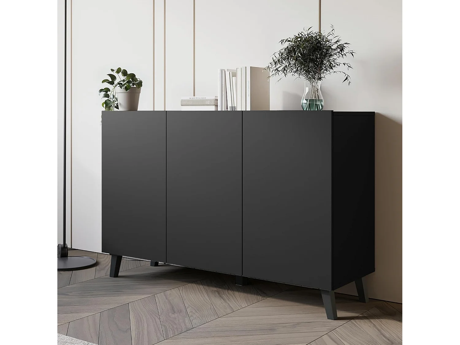 Bahut PHUKET 120 cm avec 3 portes, commode sur pieds, meuble de séjour, couleur noir mat