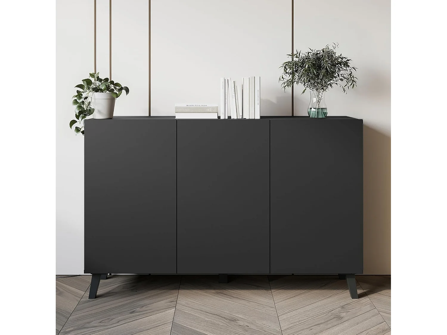 Bahut PHUKET 120 cm avec 3 portes, commode sur pieds, meuble de séjour, couleur noir mat