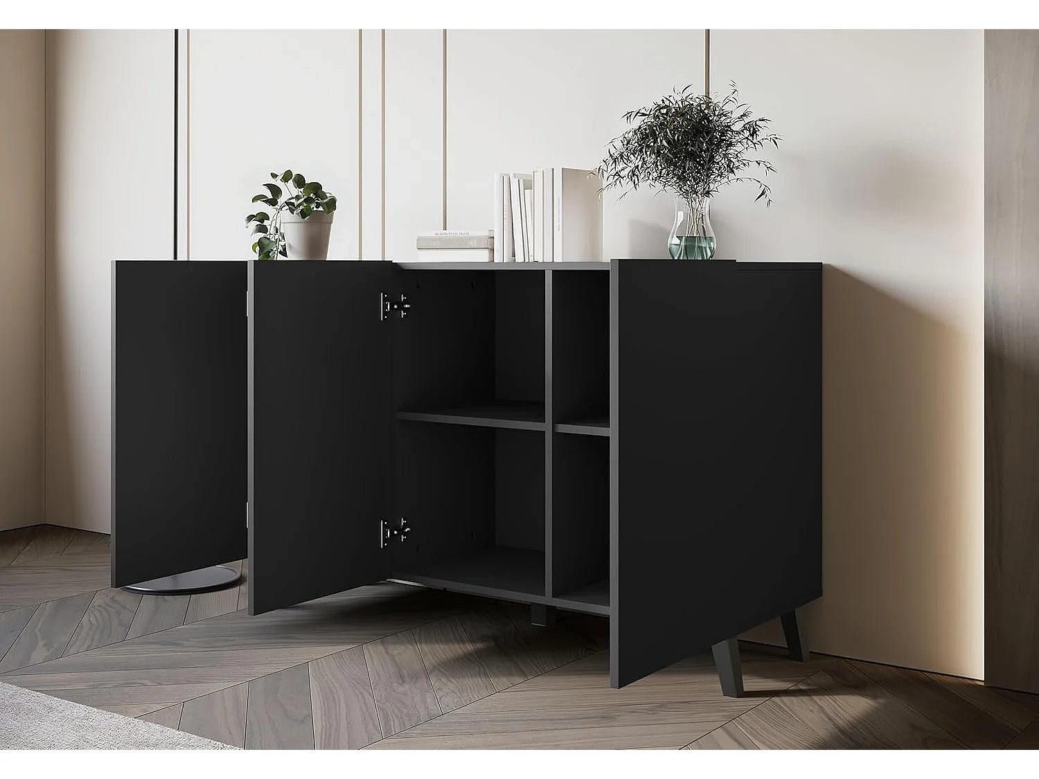 Bahut PHUKET 120 cm avec 3 portes, commode sur pieds, meuble de séjour, couleur noir mat