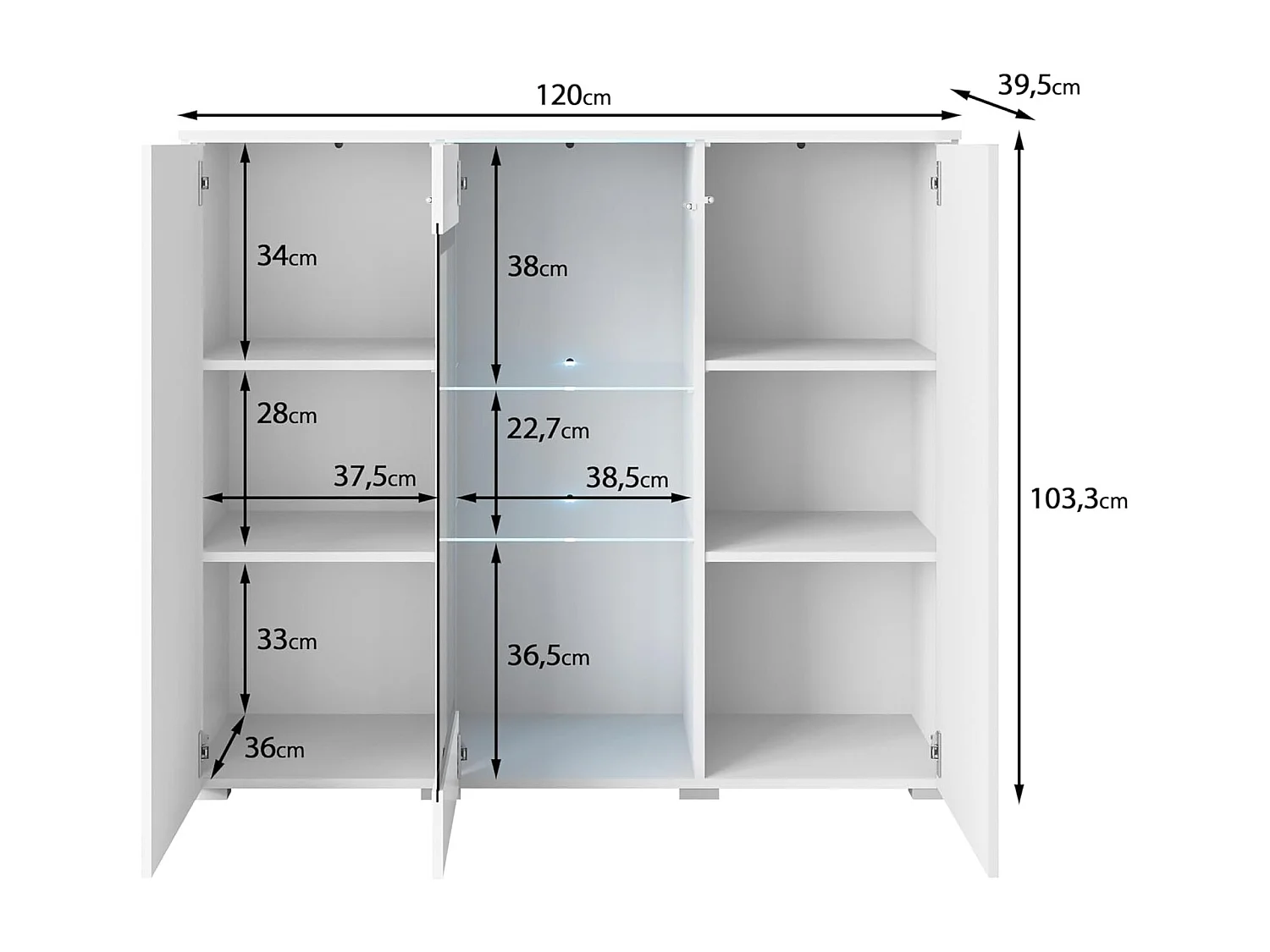 Dressoir VERA 120 cm, woonkamercommode, ladenkast, woonkamermeubels, inclusief led-verlichting, kleur zwart mat