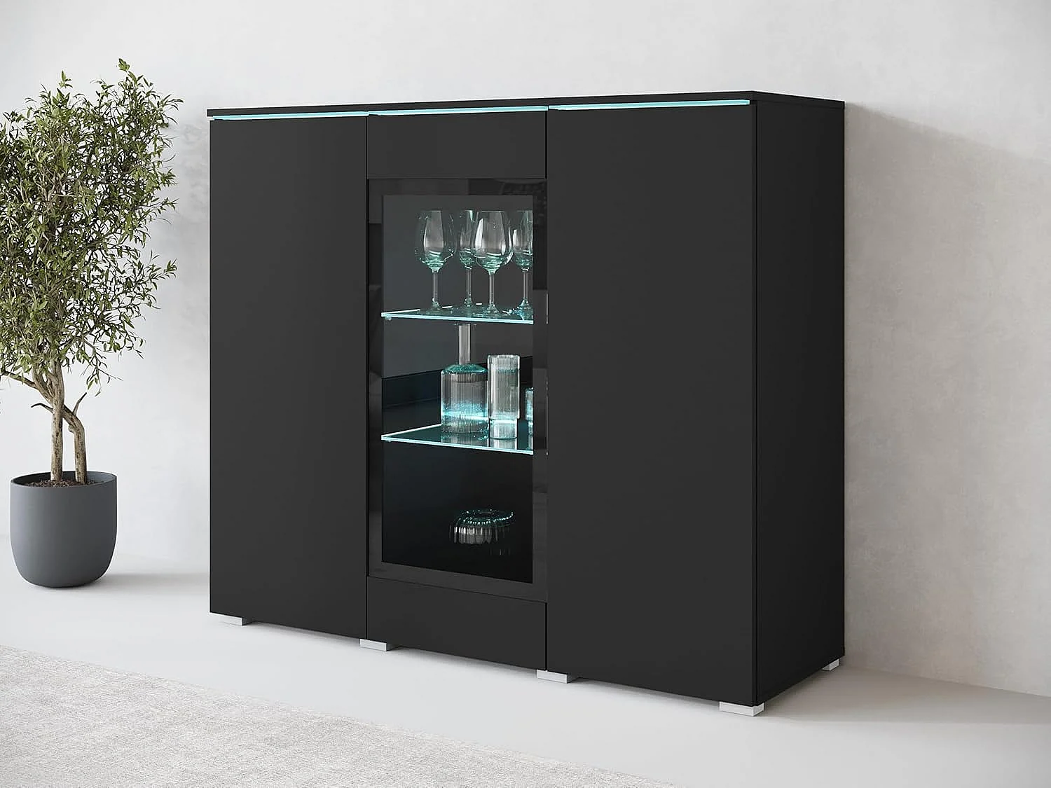Dressoir VERA 120 cm, woonkamercommode, ladenkast, woonkamermeubels, inclusief led-verlichting, kleur zwart mat