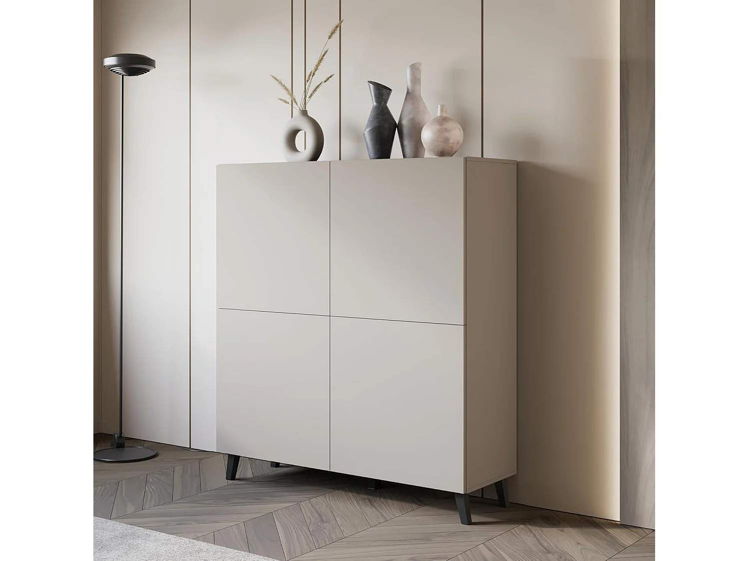 Dressoir PHUKET 120x120 cm met 4 deuren, commode op poten, woonkamermeubel, kleur beige cashmere