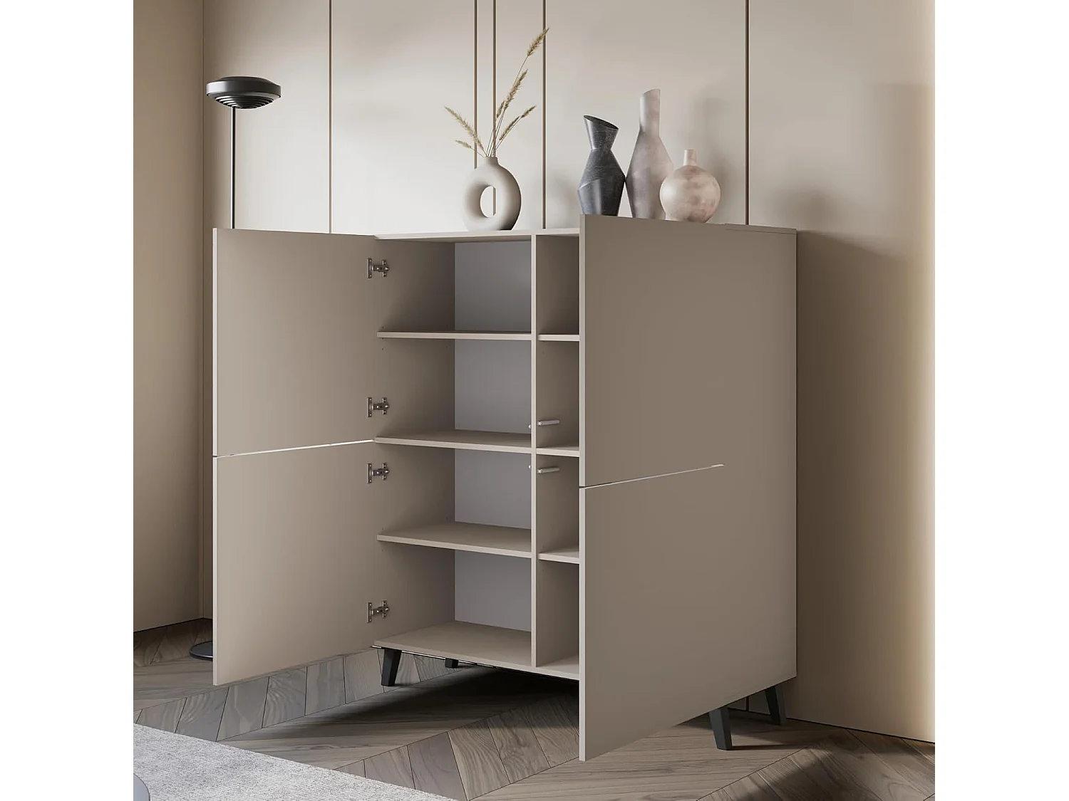 Dressoir PHUKET 120x120 cm met 4 deuren, commode op poten, woonkamermeubel, kleur beige cashmere
