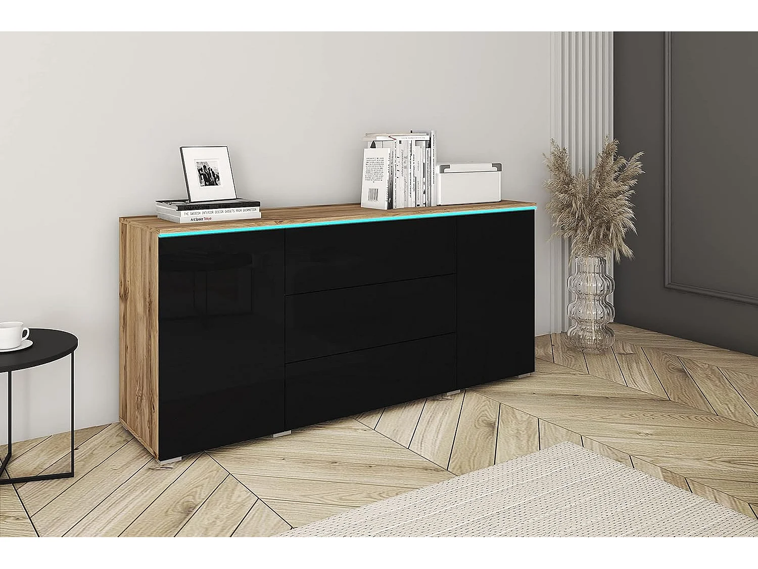 Aparador VERA 150 cm, cómoda de salón, cajonera, muebles de salón, iluminación LED incluida, color wotan/negro brillo