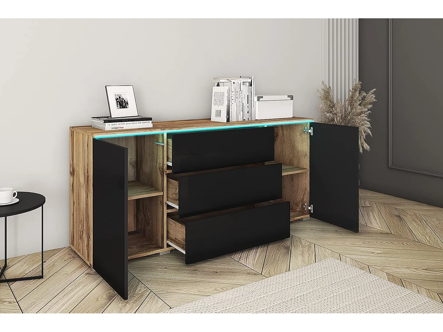 Aparador VERA 150 cm, cómoda de salón, cajonera, muebles de salón, iluminación LED incluida, color wotan/negro brillo