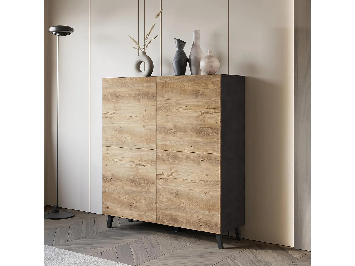 Bahut PHUKET 120x120 cm avec 4 portes, commode sur pieds, meuble de séjour, couleur blanc matera/châtaignier