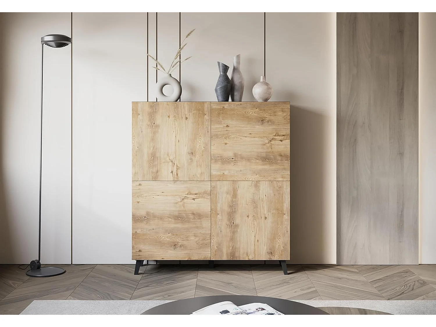 Bahut PHUKET 120x120 cm avec 4 portes, commode sur pieds, meuble de séjour, couleur blanc matera/châtaignier
