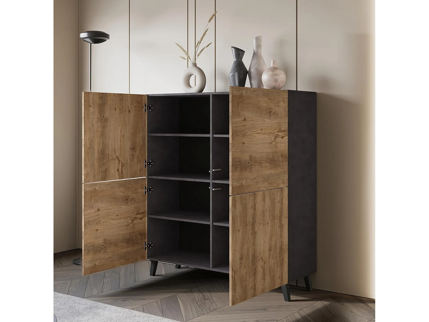 Bahut PHUKET 120x120 cm avec 4 portes, commode sur pieds, meuble de séjour, couleur blanc matera/châtaignier
