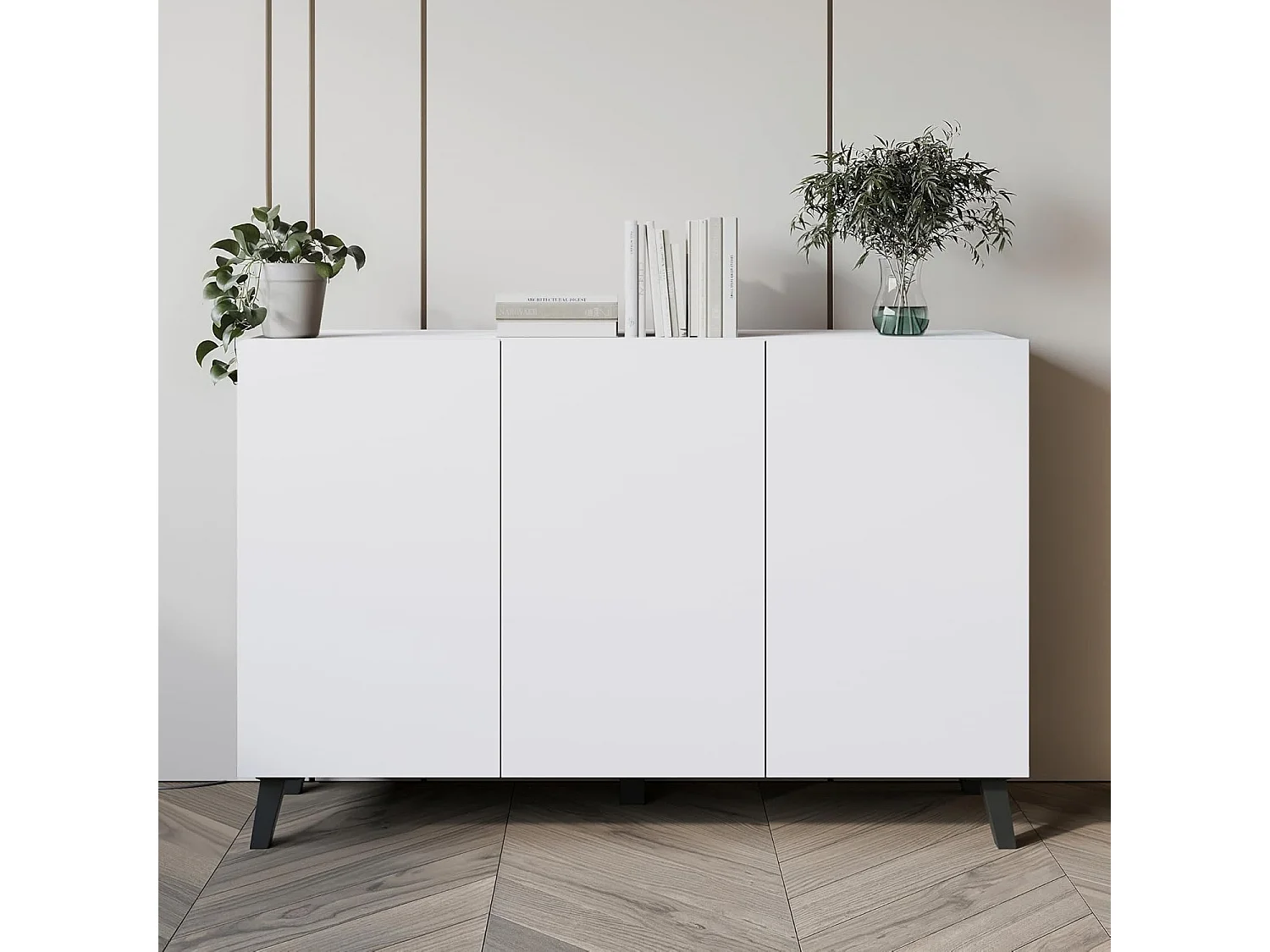 Aparador PHUKET 120 cm con 3 puertas, cómoda con patas, mueble de salón, color blanco mate