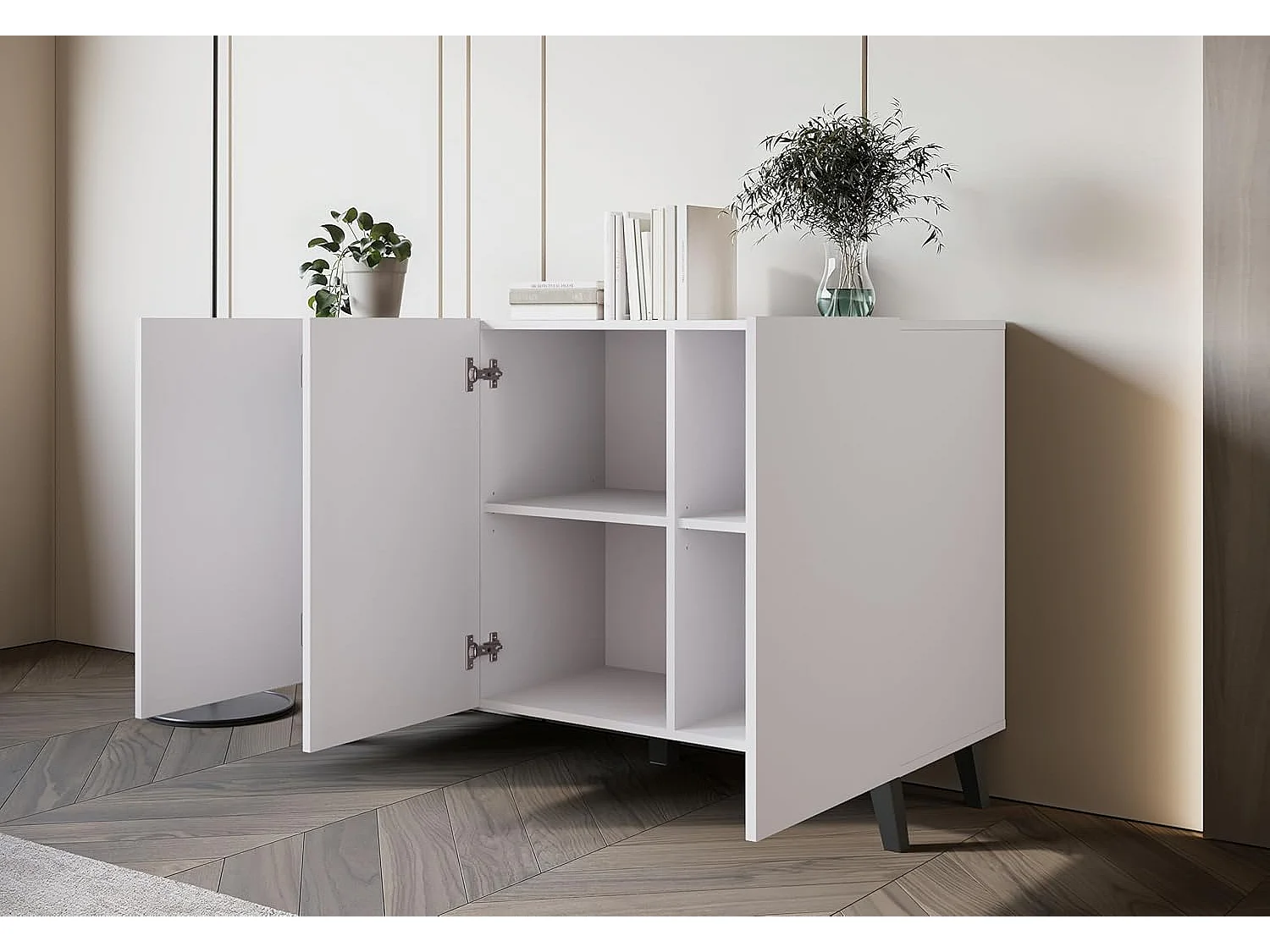 Aparador PHUKET 120 cm con 3 puertas, cómoda con patas, mueble de salón, color blanco mate