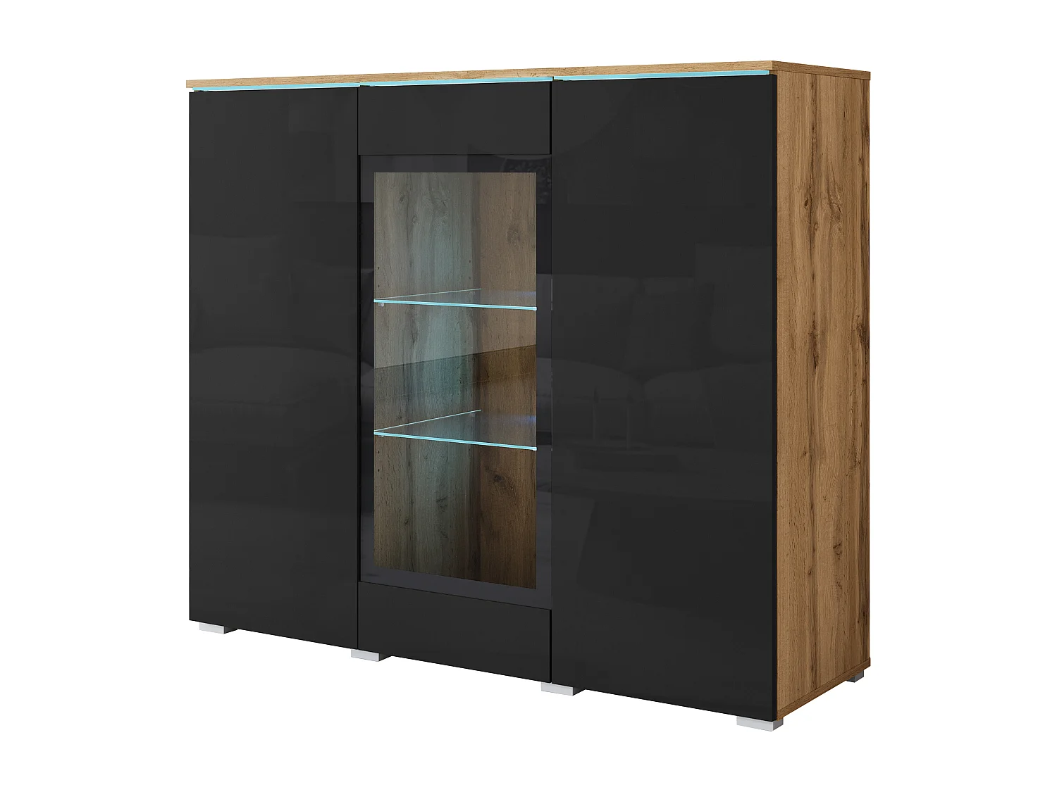 Bahut VERA 120 cm, commode de séjour, chiffonnier, meubles de salon, éclairage LED inclus, couleur wotan/noir brillant