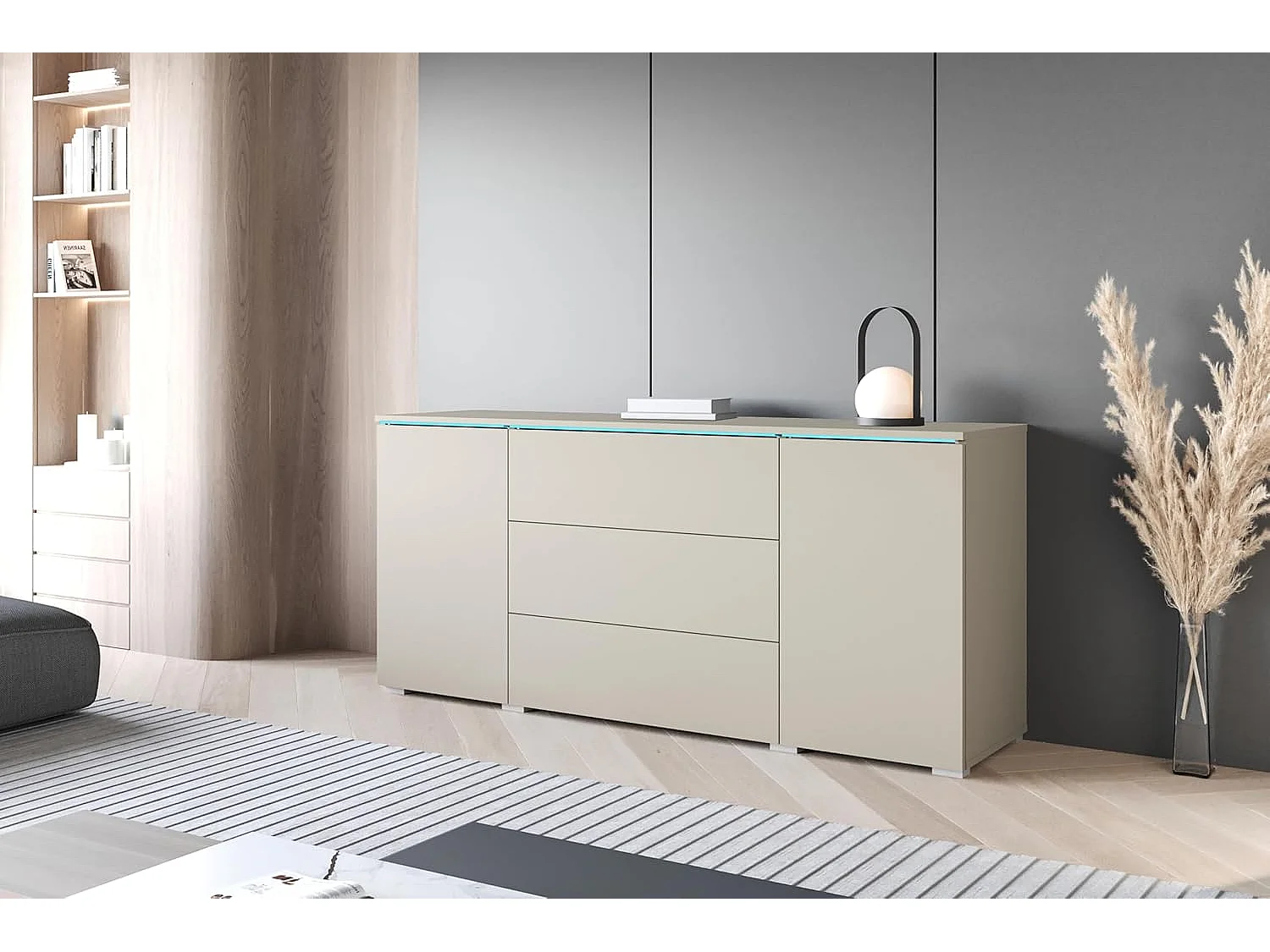 Bahut VERA 150 cm, commode de séjour, chiffonnier, meubles de salon, éclairage LED inclus, couleur beige cachemire