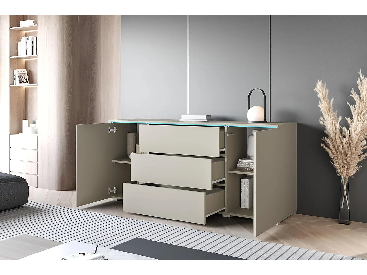 Bahut VERA 150 cm, commode de séjour, chiffonnier, meubles de salon, éclairage LED inclus, couleur beige cachemire