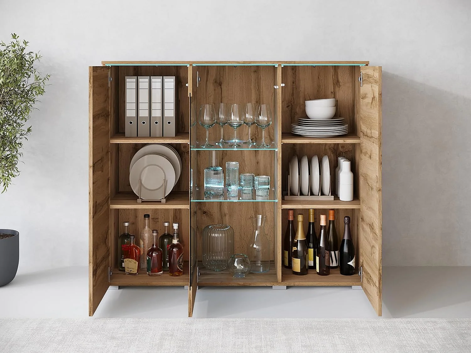 Bahut VERA 120 cm, commode de séjour, chiffonnier, meubles de salon, éclairage LED inclus, couleur wotan