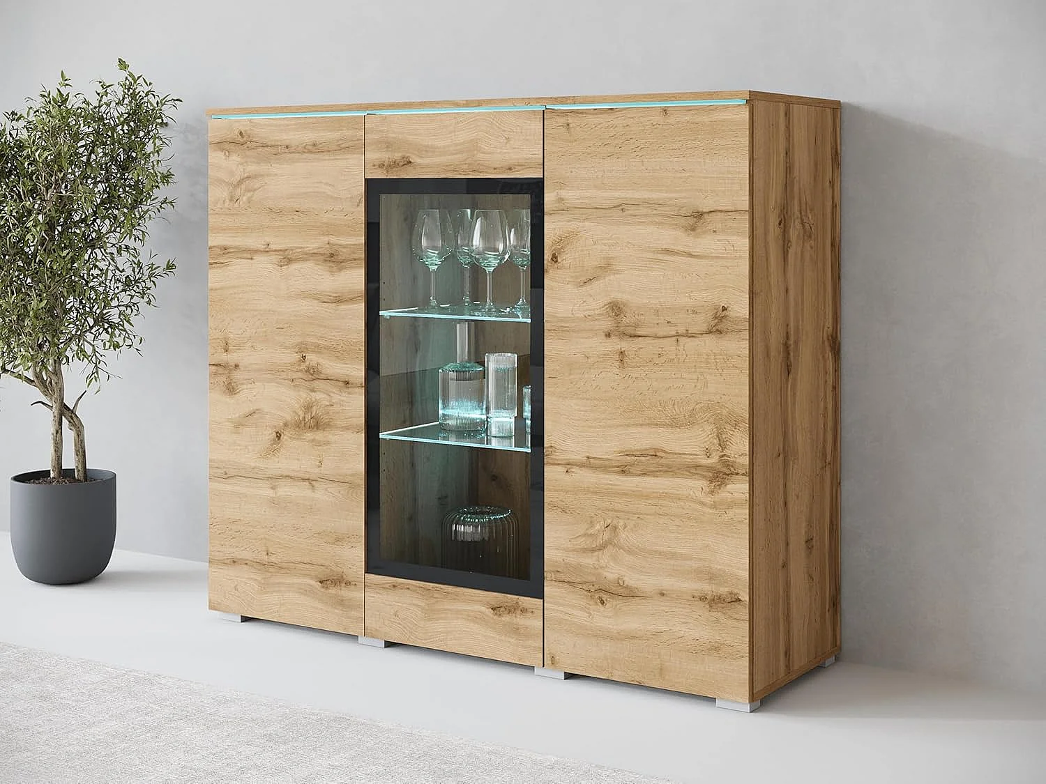 Bahut VERA 120 cm, commode de séjour, chiffonnier, meubles de salon, éclairage LED inclus, couleur wotan