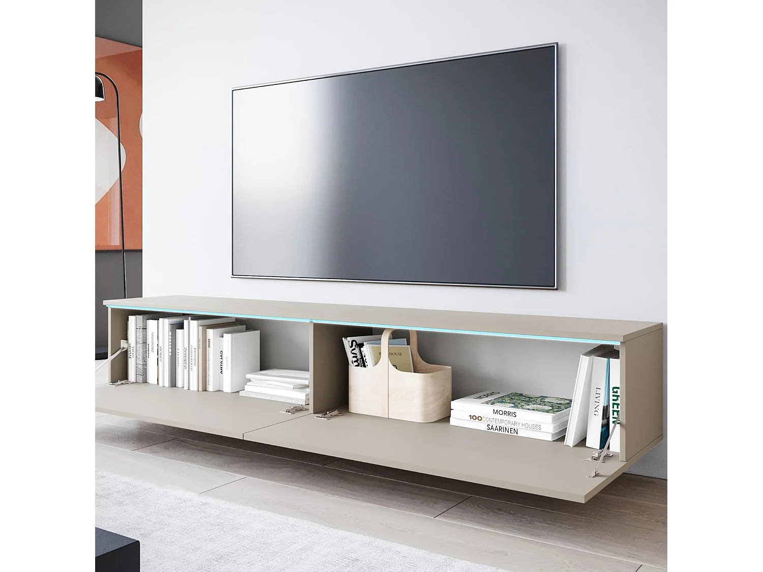 Meuble TV LOWBOARD D 180 cm, meuble de televisión, meuble de séjour, sans éclairage LED, couleur beige cachemire