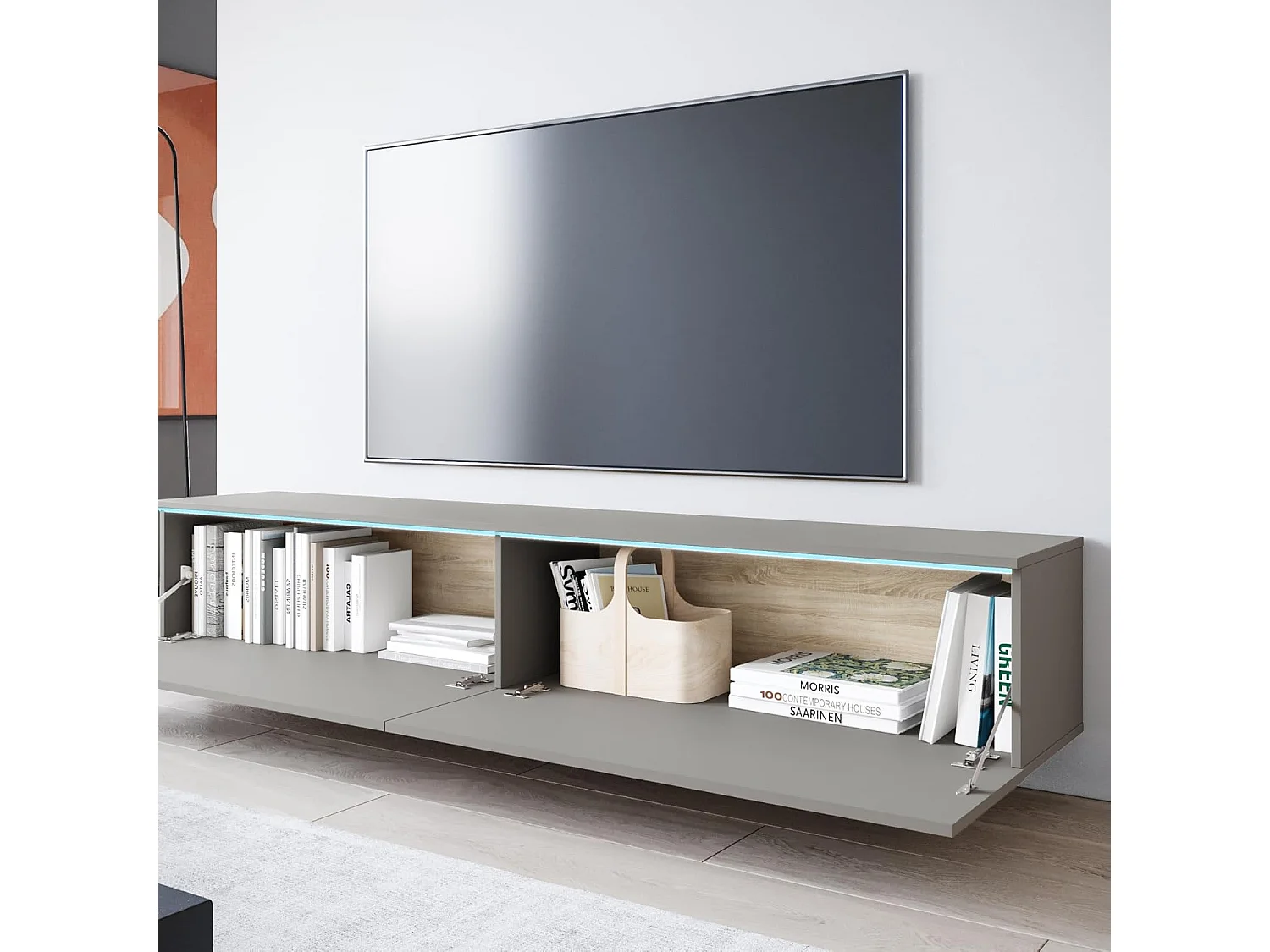 Mueble de TV LOWBOARD D 180 cm, mueble de televisión, mueble de salón, sin iluminación LED, color gris paladio