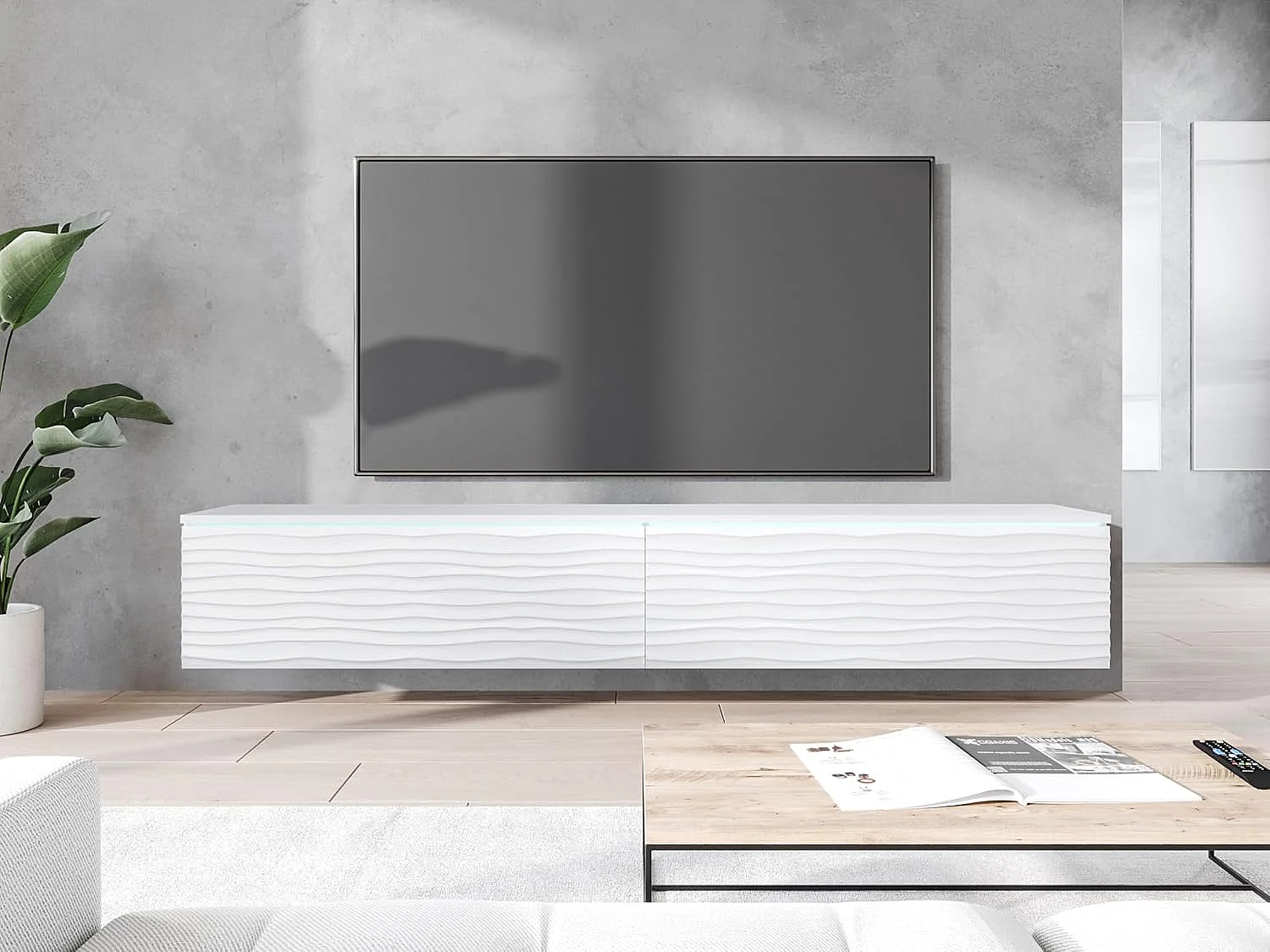 Meuble TV LOWBOARD D 180 cm, meuble de televisión, meuble de séjour, avec éclairage LED, couleur blanc ondulé
