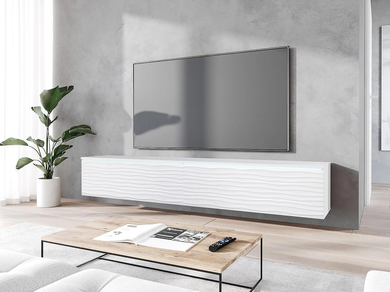 Meuble TV LOWBOARD D 180 cm, meuble de televisión, meuble de séjour, avec éclairage LED, couleur blanc ondulé