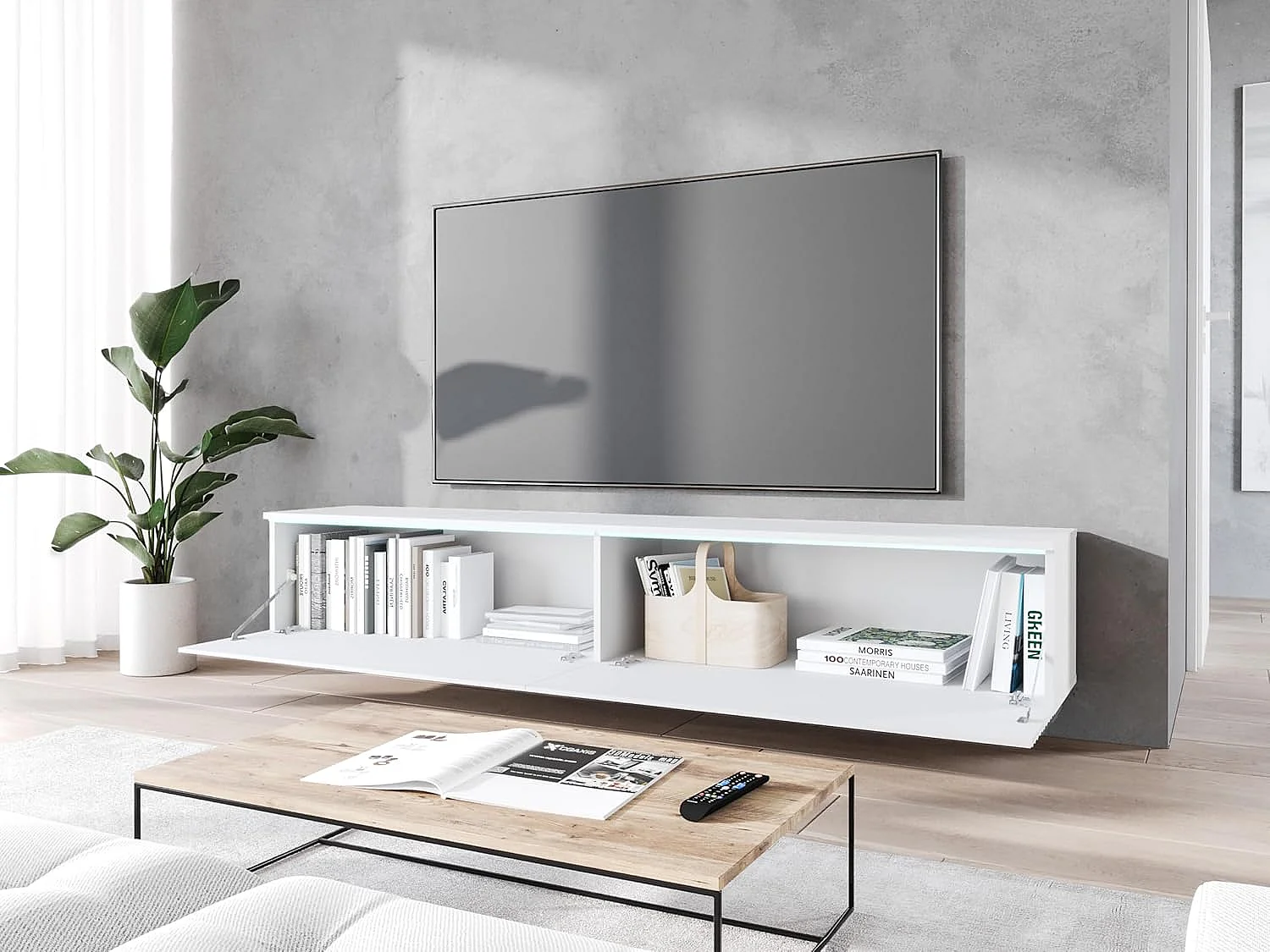 Meuble TV LOWBOARD D 180 cm, meuble de televisión, meuble de séjour, avec éclairage LED, couleur blanc ondulé