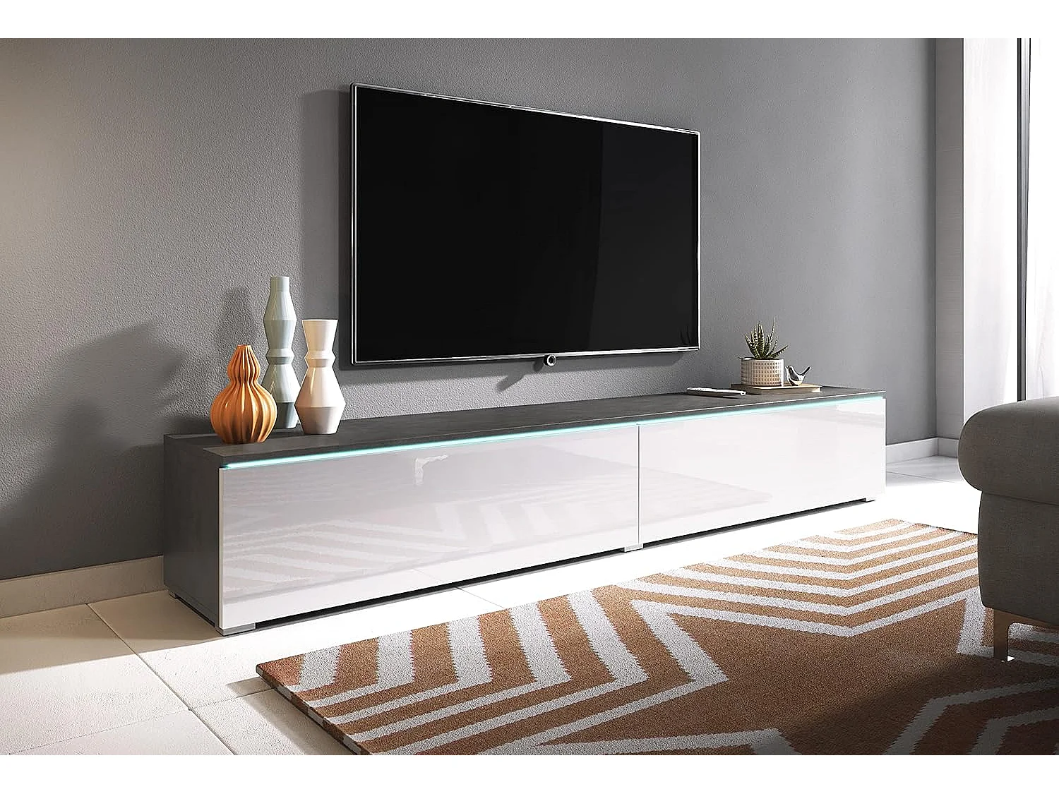Mobile TV LOWBOARD D 180 cm, mobile televisore, mobile soggiorno, con illuminazione LED, colore matera/bianco lucido