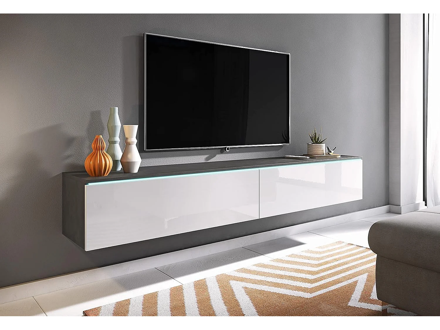 Mobile TV LOWBOARD D 180 cm, mobile televisore, mobile soggiorno, con illuminazione LED, colore matera/bianco lucido