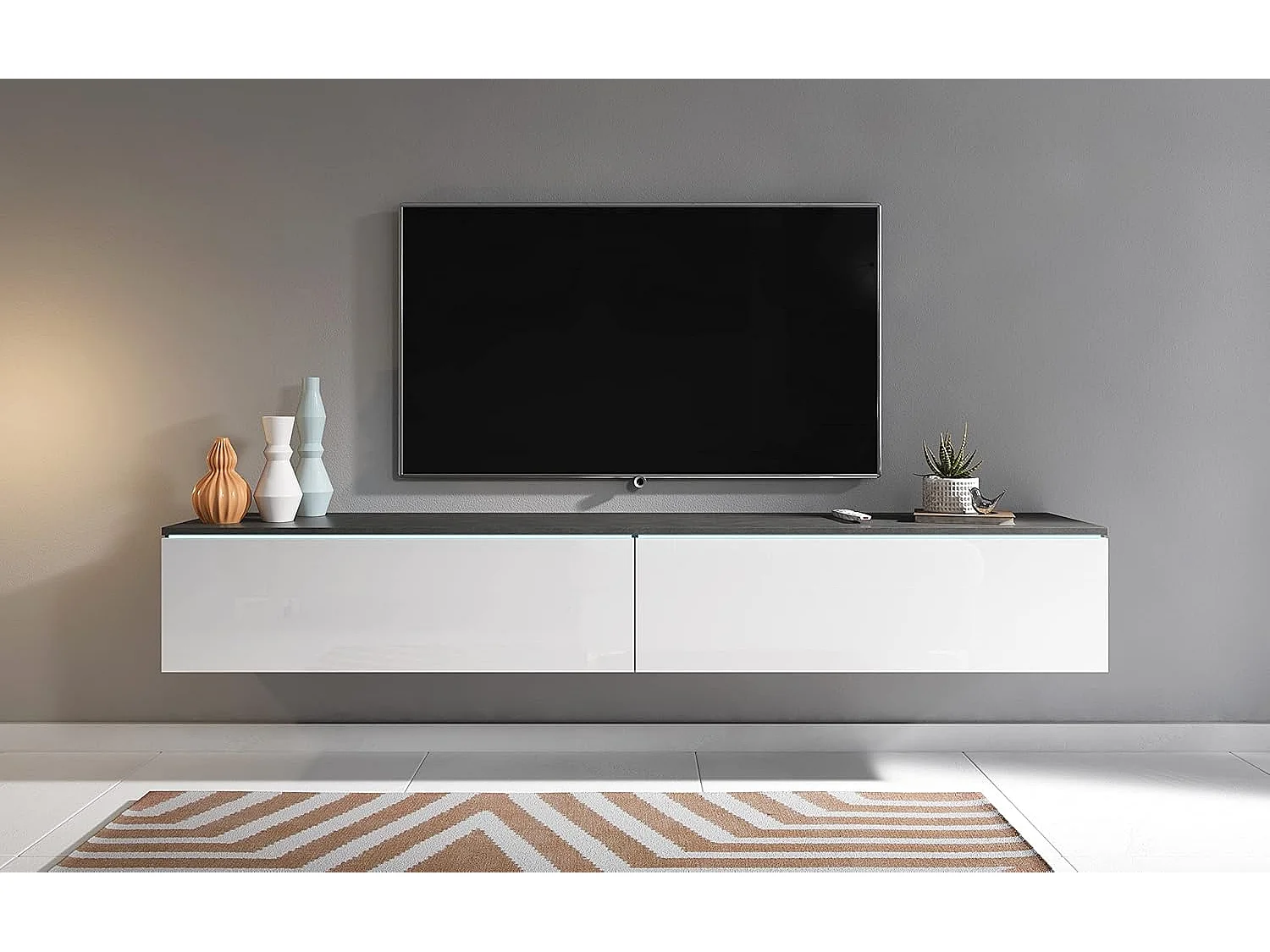 Mobile TV LOWBOARD D 180 cm, mobile televisore, mobile soggiorno, con illuminazione LED, colore matera/bianco lucido